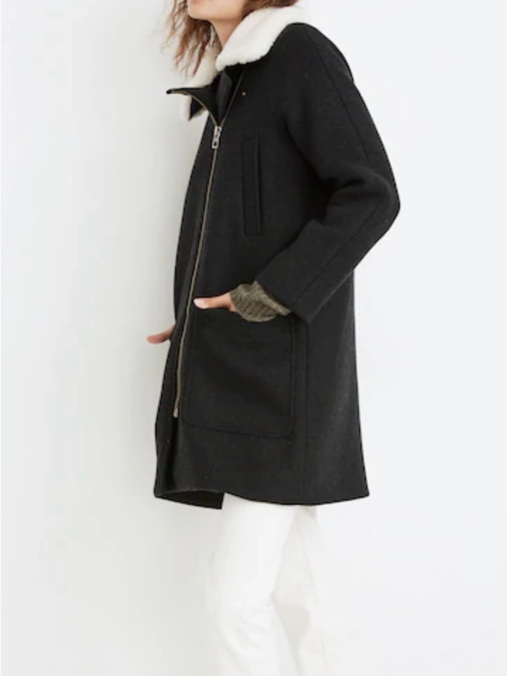 Madewell Black Pea Coat with White Shearling Collar